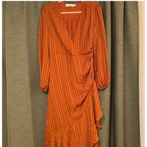Rust faux-wrap midi length dress ASTR the label